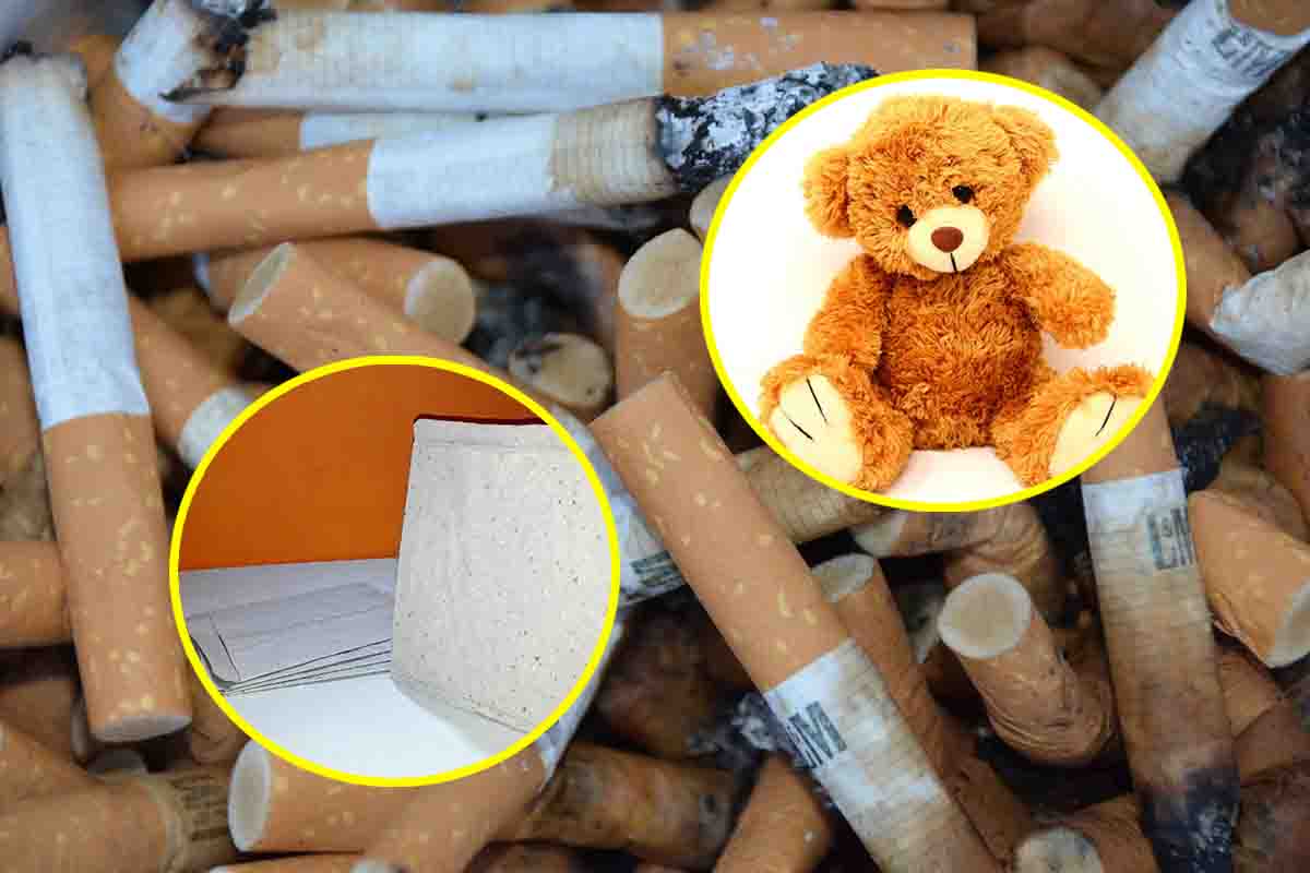 mozziconi di sigaretta in carta riciclata e morbidi peluche
